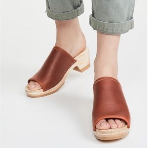 No. 6 Daria leather clogs, sz 38 (7.5/8), Bourbon color, 2.5” heel, wood base.